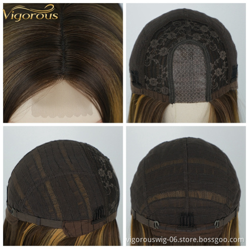 Highlight Short Bob Wigs Blonde Brown Lace Wigs for Black Women Synthetic Hair Straight Middle Part Colored Cut Wig 150 Density